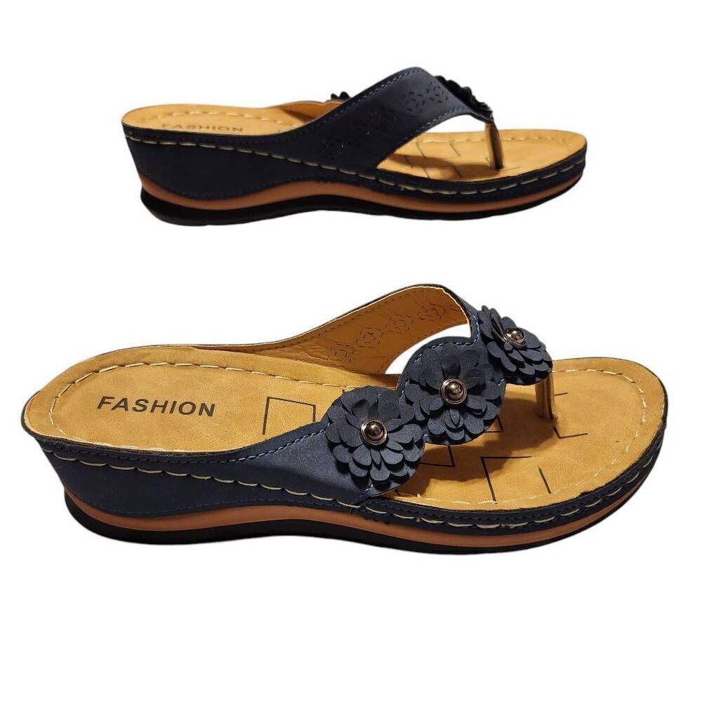 Fashion boutique sandal blue floral strap‎ flip flop size 38 7